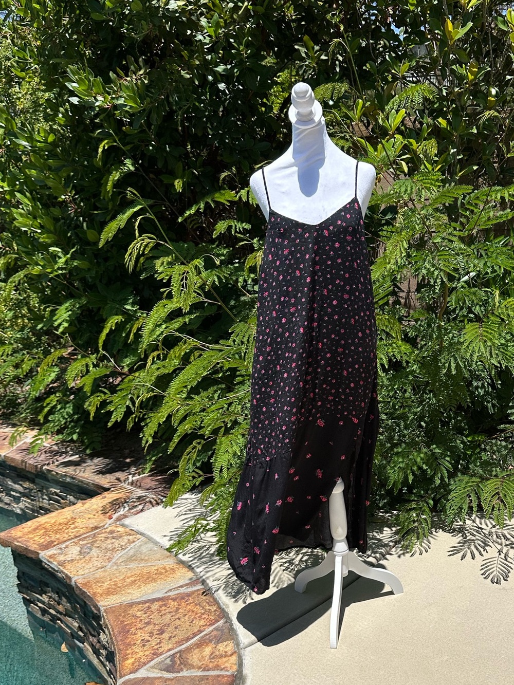 The Nines by HATCH Black Slip Dress with Pink and Teal Floral Print